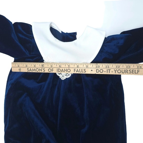 Vintage Rare Editions Bubble Romper Girls Blue Velvet Lace Peter Pan Collar 18M - Picture 7 of 7